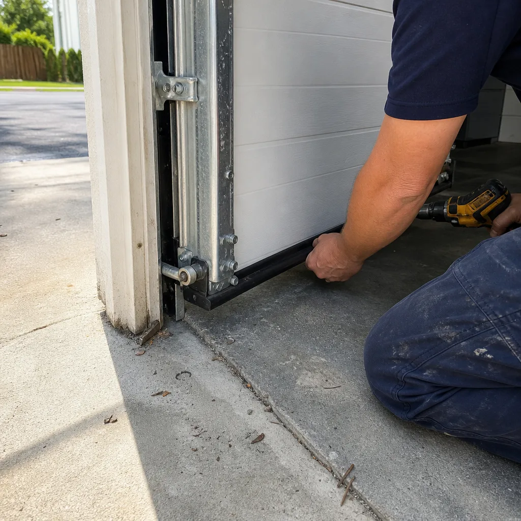 Technician installing a garage door bottom weather seal with a drill