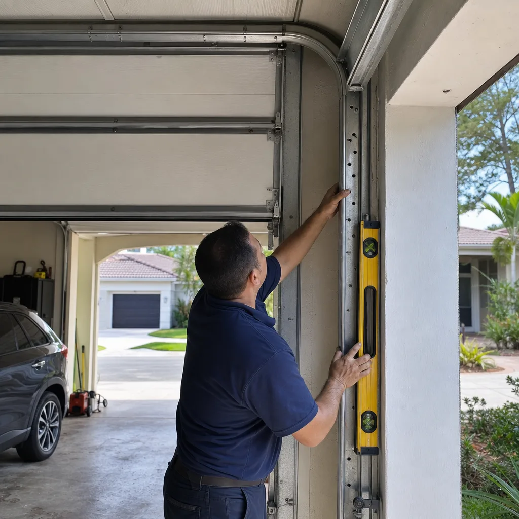 Technician checking garage door track alignment with a level