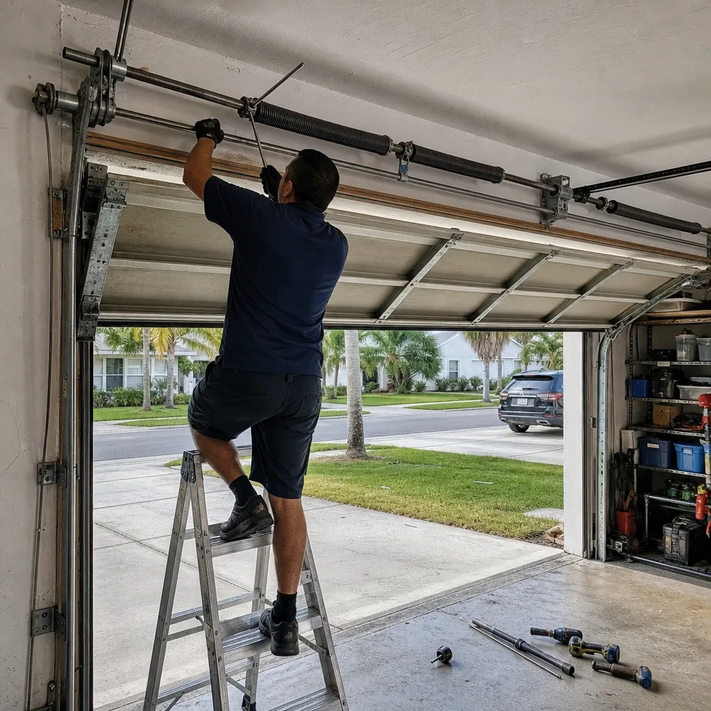Technician performing garage door spring repair and maintenance