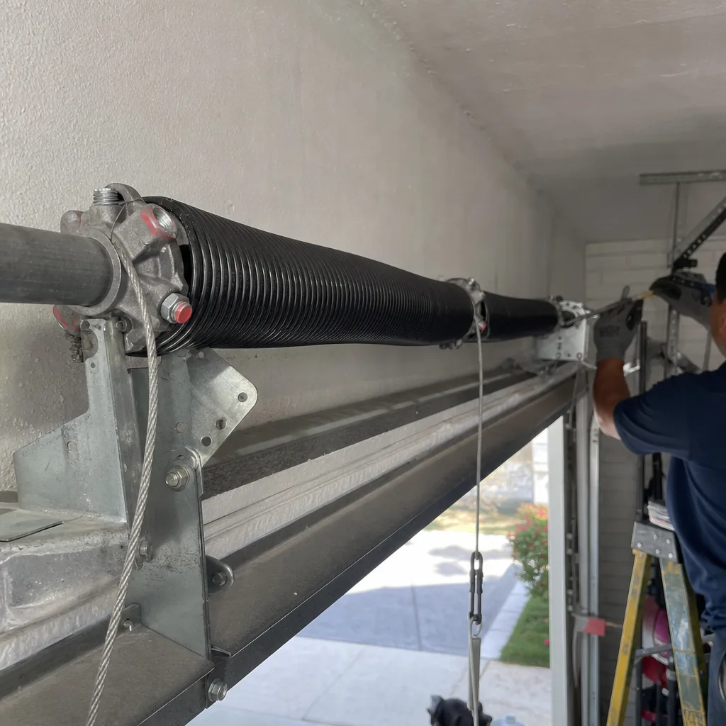 Technician performing professional garage door torsion spring repair service
