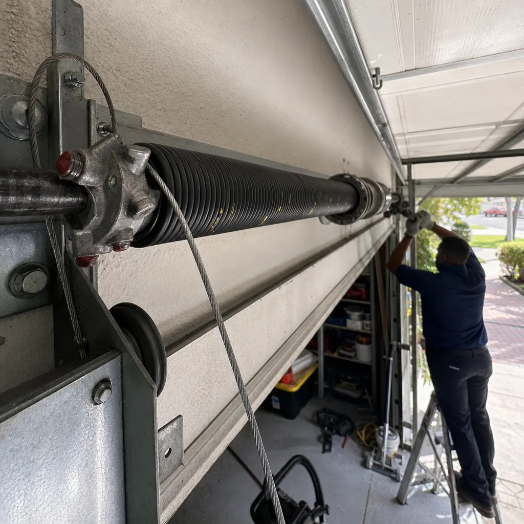 Professional technician performing garage door spring repair
