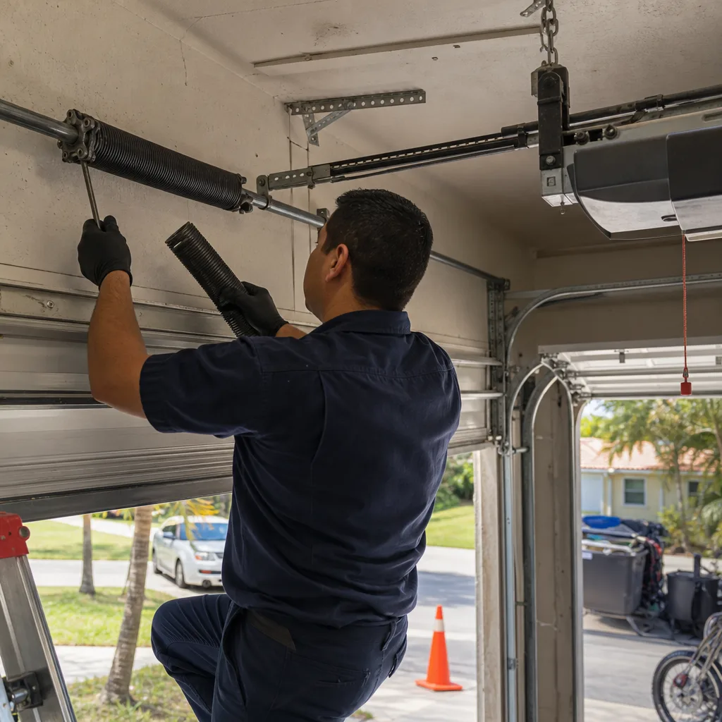 Technician performing professional garage door spring repair service